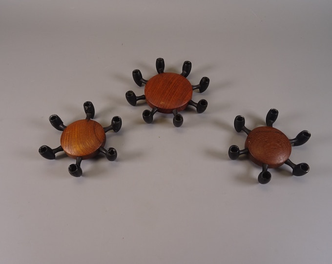 Set of 3 Digsmed Design candlesticks made of teak and metal with candles