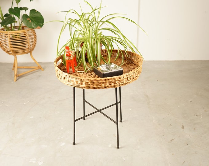 Small side table with rattan table tops and metal frame from the 1970s