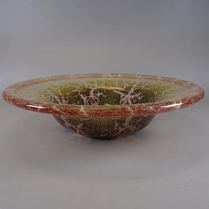 May include: A decorative glass bowl with a wide, flat rim and a rounded base. The bowl features a mottled pattern in shades of green, brown, and red, with a network of white lines throughout. The rim is a reddish-brown color.