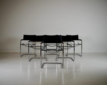 Set of 6 Bauhaus chairs by Matteo Grassi from the 1980s in black leather