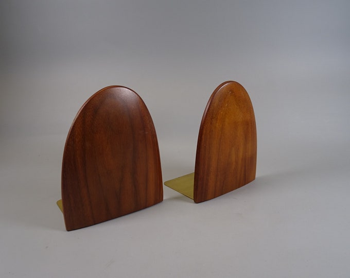 Set of 2 bookends made of brass and teak 70s-80s, vintage