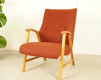 Stylish red 60s - 70s armchair with cherry wood frame