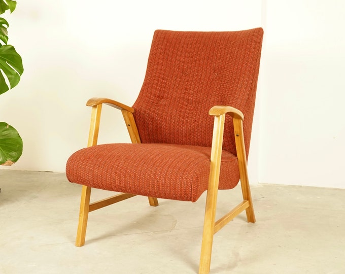 Stylish red 60s - 70s armchair with cherry wood frame