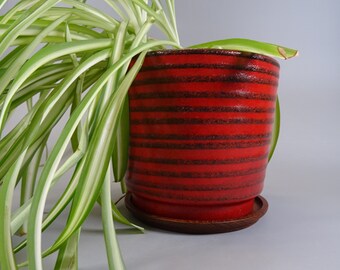 Scheurich flowerpot, planter, plant pot with saucer made of teak, 60s