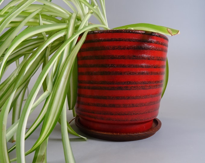 Scheurich flowerpot, planter, plant pot with saucer made of teak, 60s