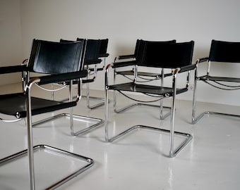 Set NO.2 of 6 Bauhaus chairs by Matteo Grassi from the 1980s in black leather
