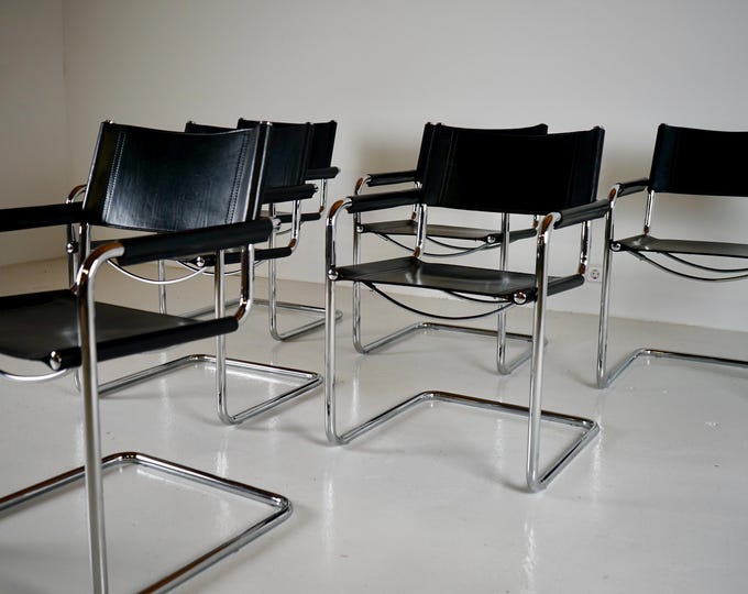 Set NO.2 of 6 Bauhaus chairs by Matteo Grassi from the 1980s in black leather