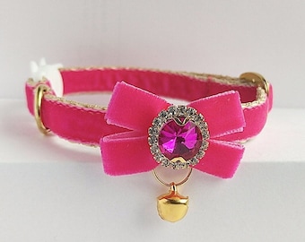Ruby Pink Velvet Cat Collar: Crystal Bow & Bell, Breakaway Option