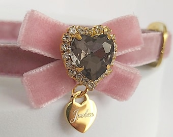 ID Tag & Cat Collar: Velvet Bow Tie with crystal, ID Tag-heart 3/8 inch (10mm).