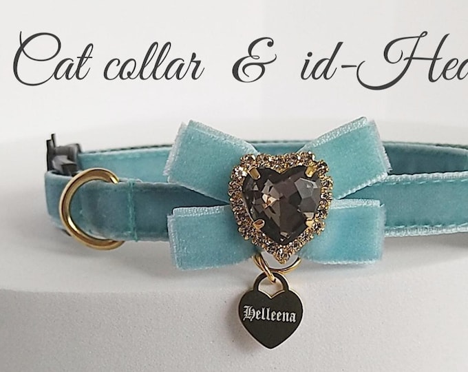 Personalized  Cat Collar with Engraved 10mm Heart ID Tag & Velvet Bow Tie