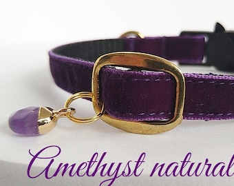 Cat Collar with Amethyst:  Violet velvet, Breakaway Buckle, Mystical Pet Charm