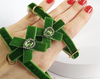 Green Velvet Cat Harness with Bows & Leash: Crystal Detail, Small Dog Puppy Kitten Harness