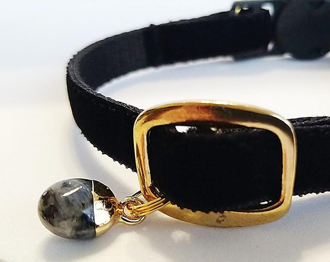 Labradorite & Cat Collar: Natural greys stone - cat charm, mystical pet locket, dog Collar, Breakaway, Non-Breakaway buckle.