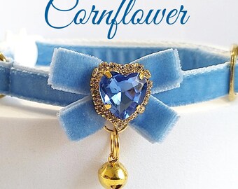 Cornflower- Cat collar/Crystal heart cat collar/ID Tag Bow collar/Bow bell collar/royal Velvet dog collar/Non-Breakaway/Breakaway