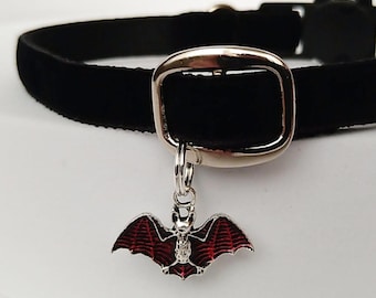 Vampire Bat Cat Collar: Black Velvet Halloween Pet Collar, Breakaway Option