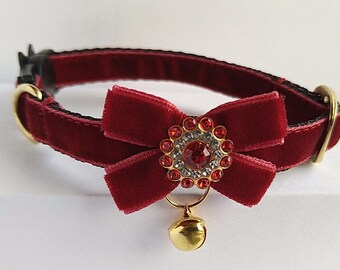 Burgundy Velvet Cat Collar: Mini Bow, Crystal Detail, Breakaway/Non-Breakaway