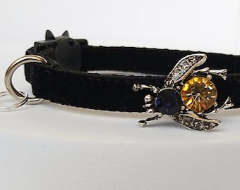 Black Gothic Cat Collar with Gorgeous Fly/Velvet Collar with Yellow Fly and Bell/Dog and Cat collar id tag/Collar sharm/Breakaway buckle