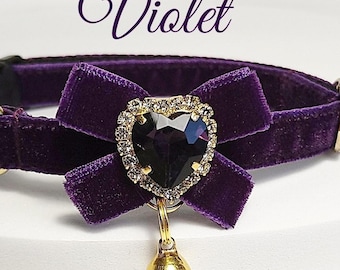 Cat collar-violet velvet/ID Tag Bow design collar/Crystal cat collar/Bow bell collar/Royal Velvet collar/Dog  collar/Non-Breakaway/Breakaway