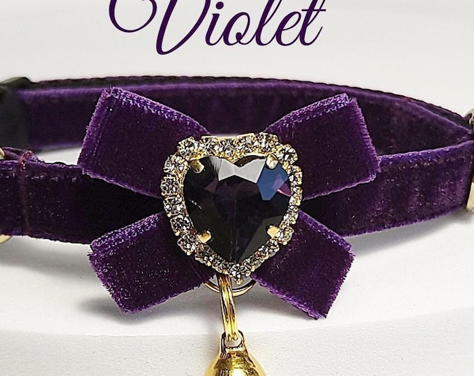 Cat collar-violet velvet/ID Tag Bow design collar/Crystal cat collar/Bow bell collar/Royal Velvet collar/Dog  collar/Non-Breakaway/Breakaway