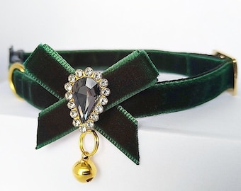 Dark Green Velvet Cat Collar: Crystal Bow, Bell, Breakaway Buckle