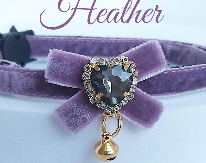 Heather Velvet Cat Collar: Bow & Bell, Breakaway or Non-Breakaway