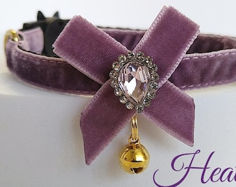 Heather velvet cat collar with small pointed bow and pink crystal teardrop/Collar for cat and small dog with bell/Non-Breakaway/Breakaway