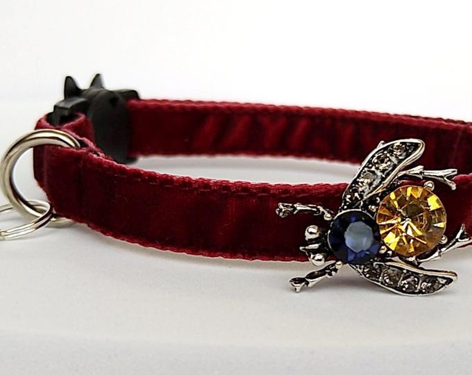 Gothic Cat Collar with Gorgeous Fly/Velvet burgundy Collar with Yellow Fly and Bell/Dog and Cat collar id tag/Collar sharm/Breakaway buckle