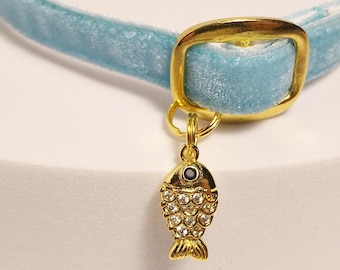 Velvet Cat Collar: Goldfish & Crystal Squirrel Charm, Adjustable