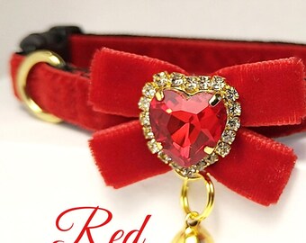 Red Velvet Cat Collar: Heart ID Tag Bow, Crystal Bell, Breakaway