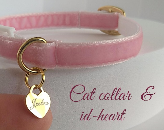 Personalized collar: Engraved Heart ID Tag, Velvet,  Breakaway/ Non-Breakaway buckle.