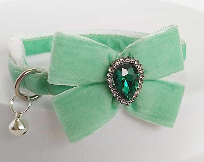 Mint Velvet Cat Collar with Bow & Crystal Drop: Silver Hardware, Breakaway Option