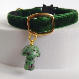 Velvet Cat Collar with Ruby in Zoisite Mushroom Charm:  Pet Locket, Breakaway