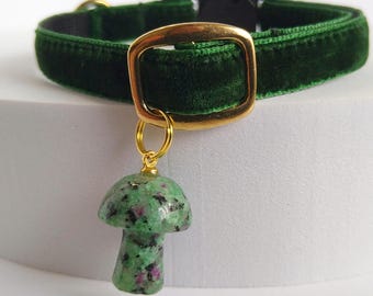 Velvet Cat Collar with Ruby in Zoisite Mushroom Charm:  Pet Locket, Breakaway