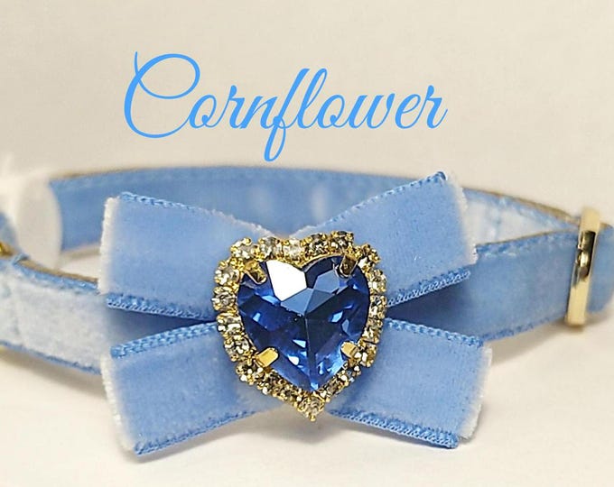 Cornflower- Cat collar/Crystal heart cat collar/ID Tag Bow collar/Bow bell collar/royal Velvet dog collar/Non-Breakaway/Breakaway
