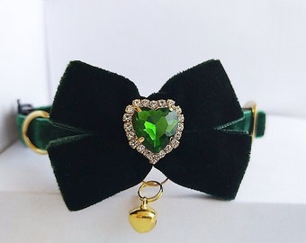 Emerald Velvet Cat Collar: Crystal Detail, Green Bow Tie, Breakaway Buckle
