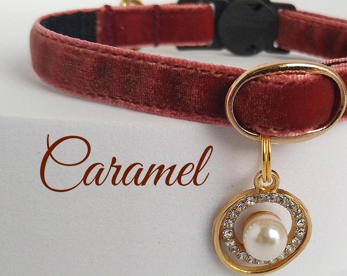 Caramel cat collar/Velvet caramel collar with pearl charm and crystals/Velvet collar with pearl charm/gift for cat/Non-Breakaway/Breakaway