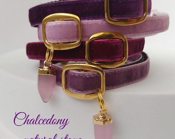 Cat Collar-Chalcedony-Kitty eye: Velvet, Natural Stone Charm, Breakaway Buckle
