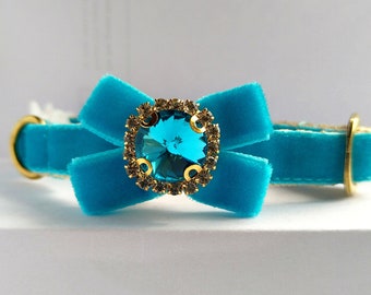 Blue Turquoise Cat Collar: Jeweled Bow, Breakaway or Non-Breakaway