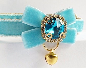 Sky Blue Velvet Cat Collar: Gem Bow, Bell,Breakaway or Non-Breakaway
