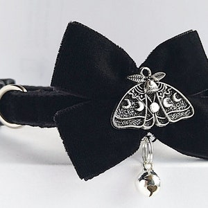 Moth Moon Phase Cat Collar: Gothic Velvet Bow Tie, Breakaway Buckle