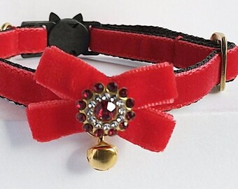 Red Velvet Cat Collar with Bow & Bell: Breakaway or Non-Breakaway