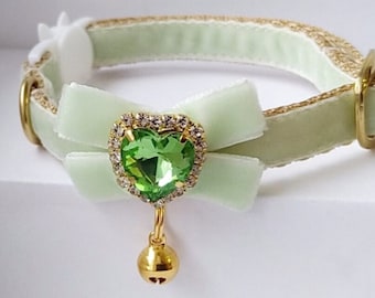 Lime Velvet Cat Collar: Green Heart Charm, Removable Bow - Breakaway/Non-Breakaway