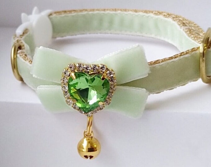 Lime Cream- Cat collar with green heart/light green velvet cat collar/Custom design cat collar/Non-Breakaway/Breakaway