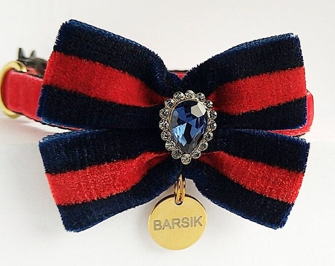 Luxury Cat collar- id Tag/collar with bow/crystal Bow collar/Cat collar with bell/designer pet collar/Dog collar/Breakaway/Non-Breakaway