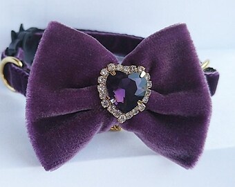 Cat collar- lilac plush Bow/lD tag cat collar/Puppy/Kitten collar/Chihuahua collar/Velvet cat collar/Mini dog collar/Non-Breakaway/Breakaway