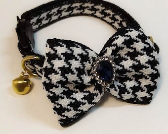 Houndstooth Cat Collar with Rhinestone Bow - Breakaway Kitten Collar