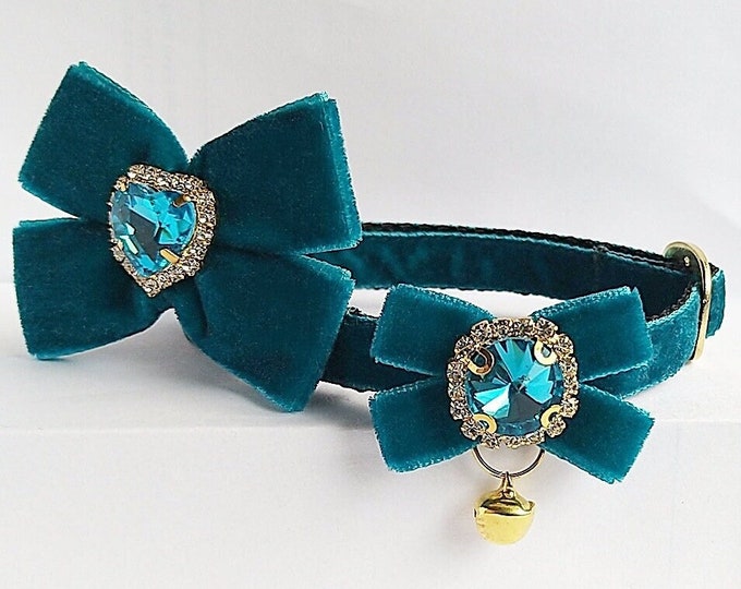 Cat collar-sea wave color /Bow pendant cat collar/Kitten collar/Chihuahua collar/Velvet cat collar/Mini dog collar/Non-Breakaway/Breakaway