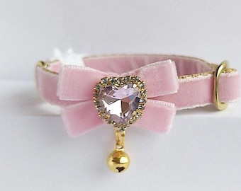 Designer cat collar/Light pink cat collar/Bow with id Tag/Cat collar Bow with bell/Royal Velvet collar/Dog collar/Non-Breakaway/Breakaway