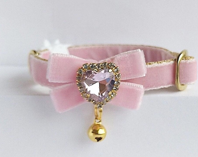 Designer cat collar/Light pink cat collar/Bow with id Tag/Cat collar Bow  with bell/royal Velvet collar/dog  collar/Non-Breakaway/Breakaway