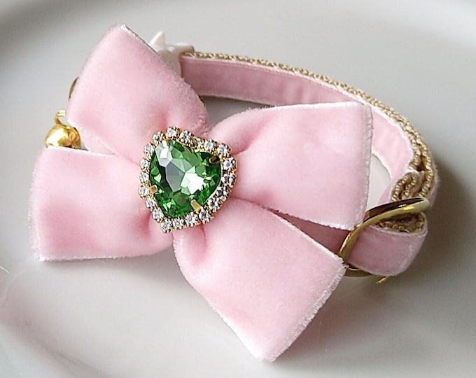 Pink collar - green gem/Velvet Bow tie collar/ Dog velvet collar/Kitten collar/Bow tie dog/cat collar jewels/Breakaway/Non-Breakaway